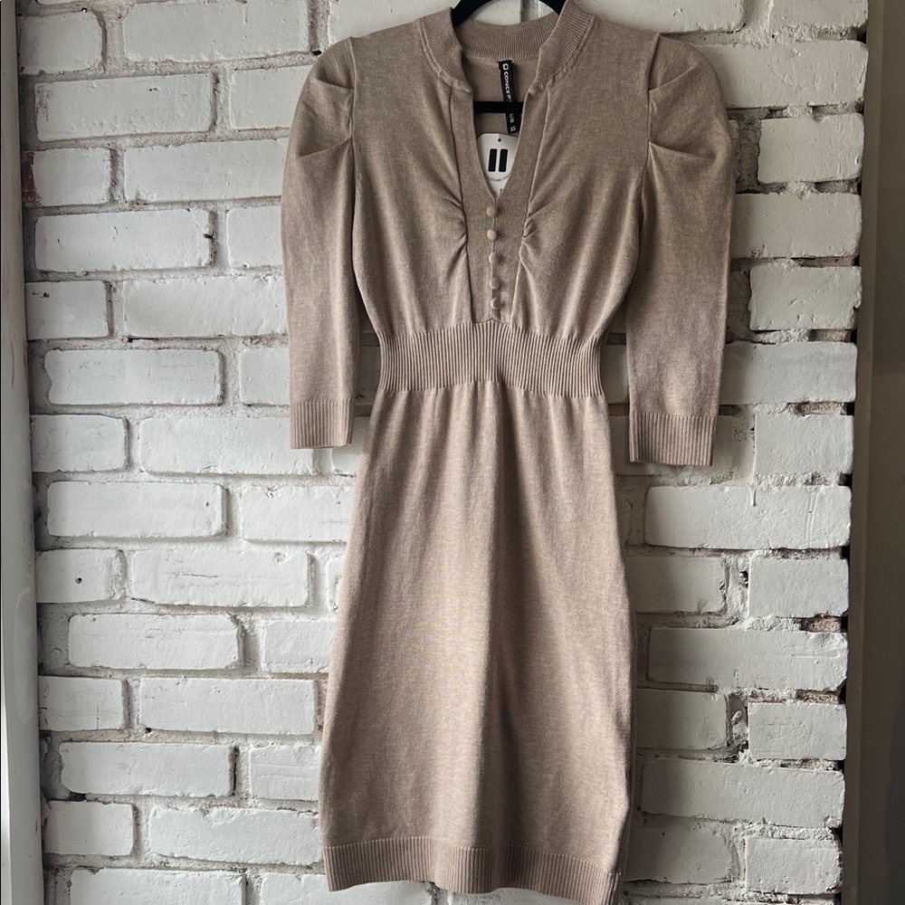 Elegant Beige Knit Dress button down v neck crop sleeve puff shoulder